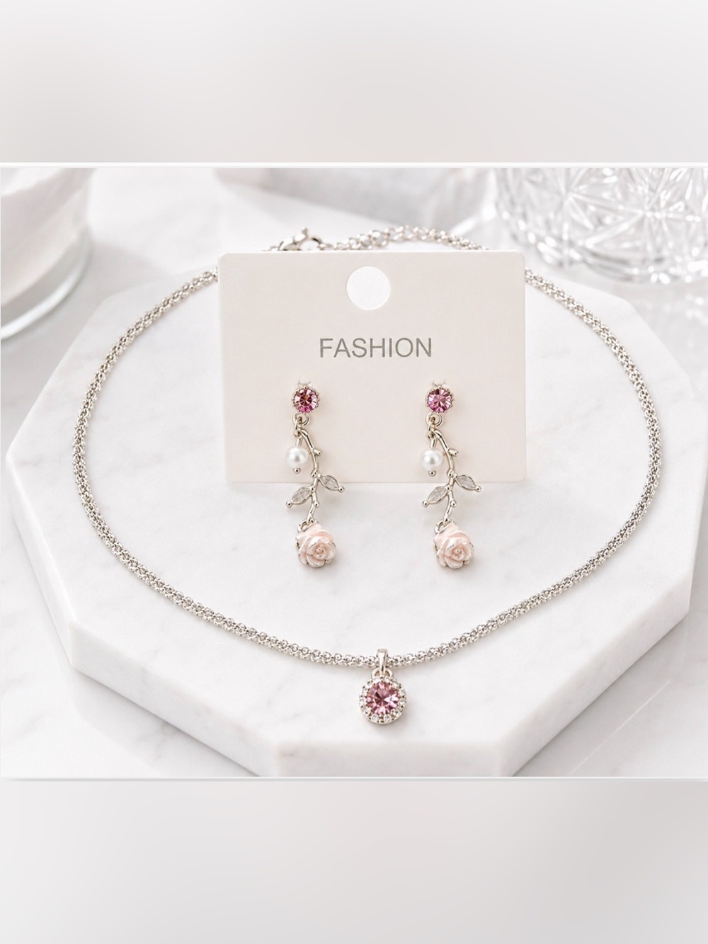 🌸 Pink Crystal Necklace & Rose Drop Earrings Set | Pearl Floral Jewelry | Femini